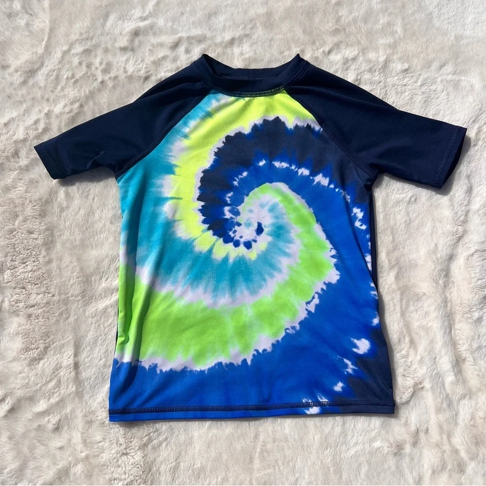 Lands’ End Boys Rash Guard Swim Set XS 4-5 Blue Neon + Swim Trunks